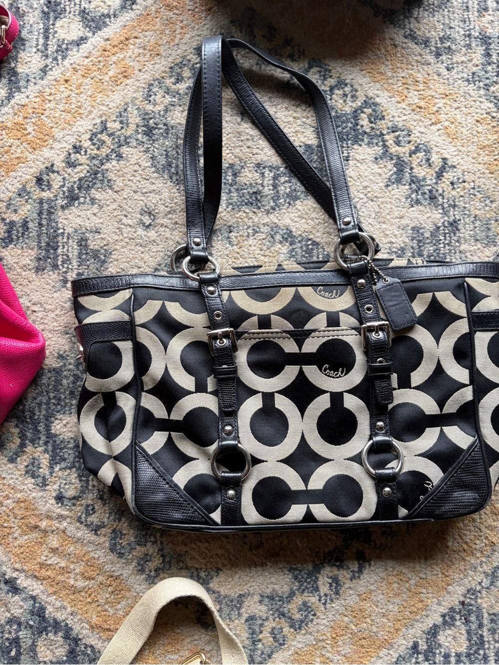 Coach Black & Cream Signature Circle Print Tote with Leather Trim